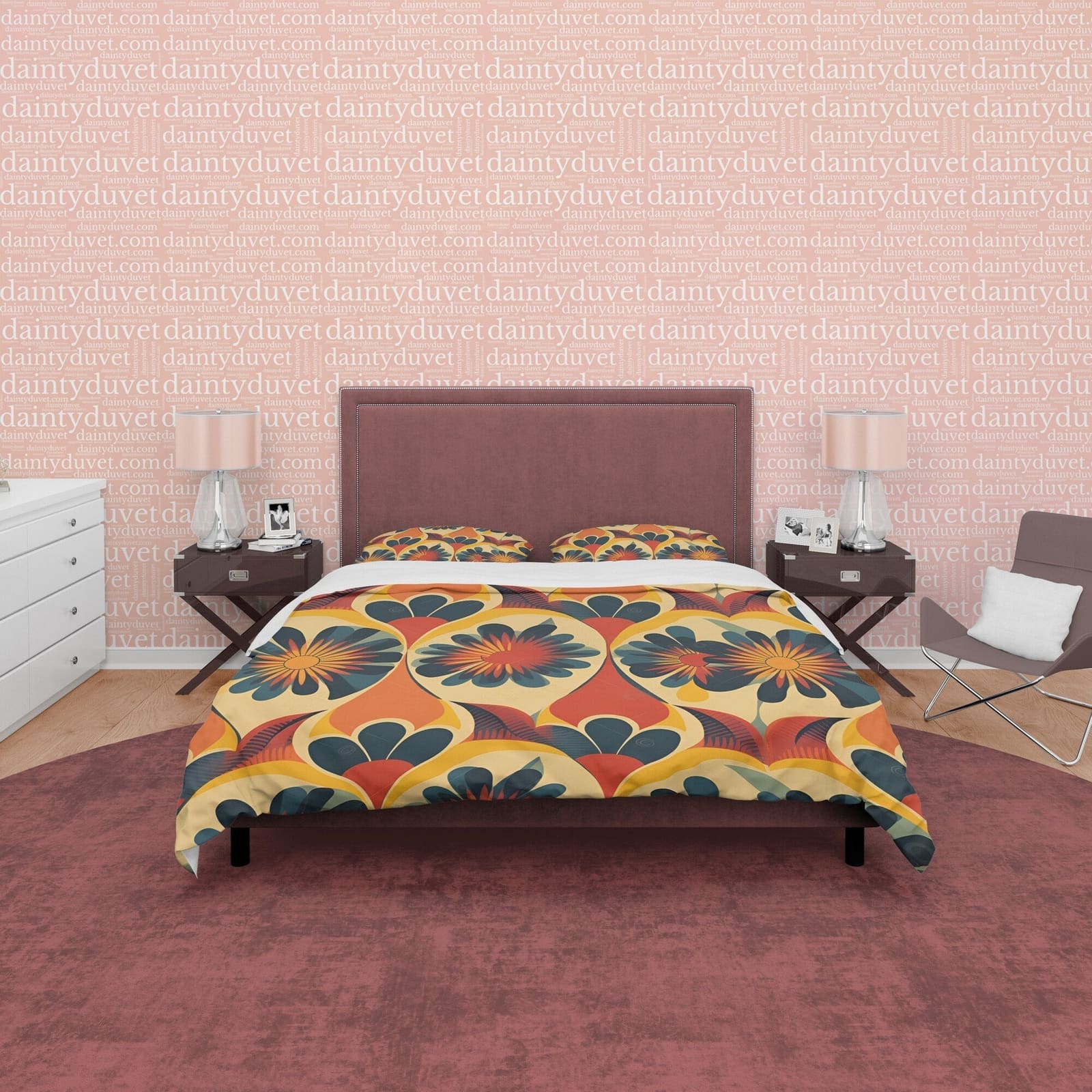 Floral Rustic Retro Bedding Set, Vintage Summer Duvet Cover, Boho Orange Brown Flower Quilt Cover, 70's Pattern Bed Cover,…