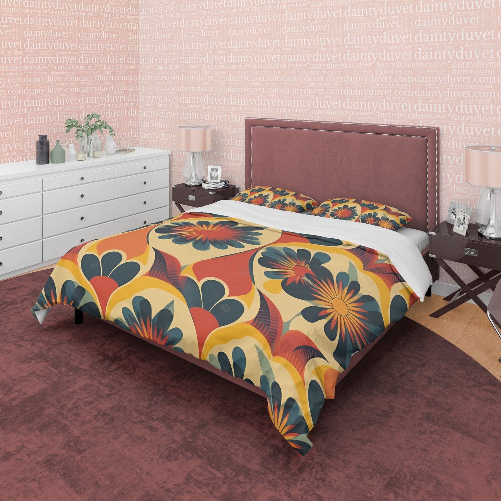 Floral Rustic Retro Bedding Set, Vintage Summer Duvet Cover, Boho Orange Brown Flower Quilt Cover, 70's Pattern Bed Cover,…