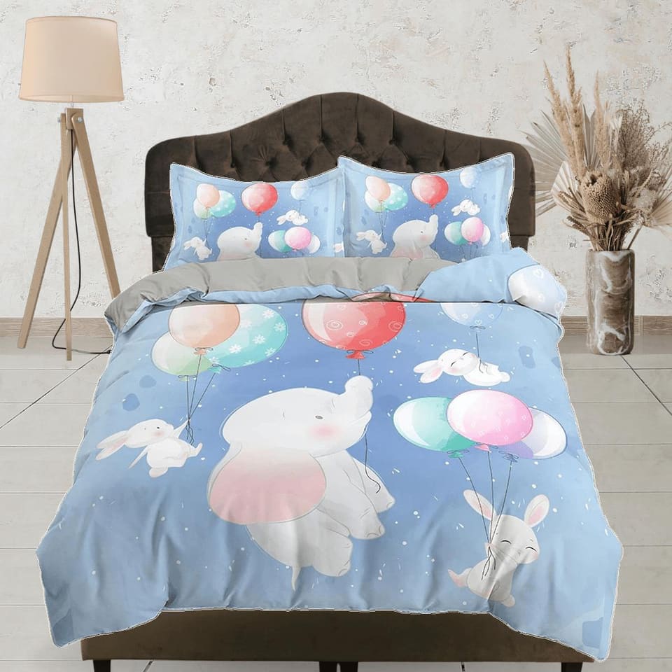 Flying elephant and bunny cute toddler bedding, unique duvet cover for nursery kids, crib bedding, baby zipper bedding, ki…