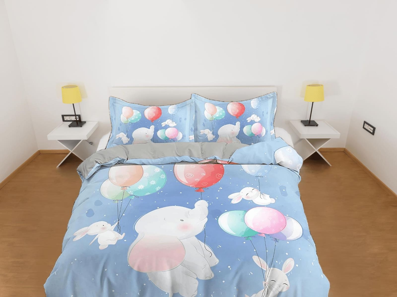 Flying elephant and bunny cute toddler bedding, unique duvet cover for nursery kids, crib bedding, baby zipper bedding, ki…