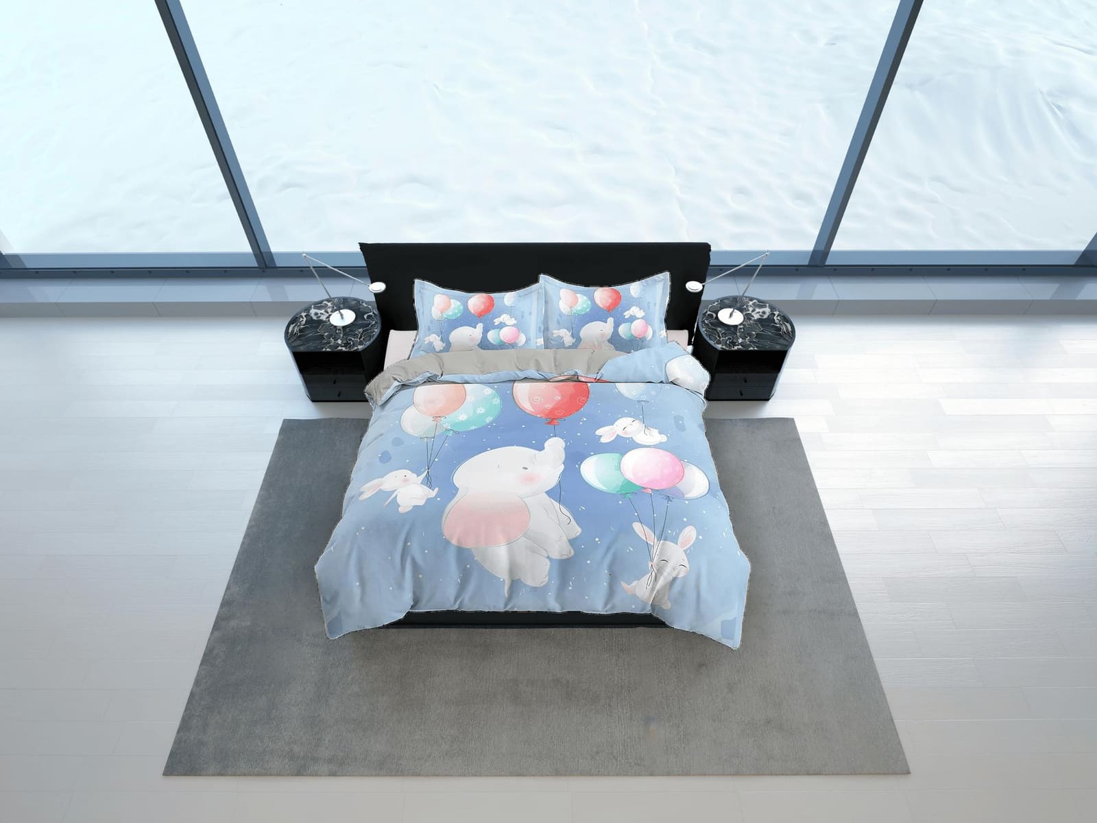 Flying elephant and bunny cute toddler bedding, unique duvet cover for nursery kids, crib bedding, baby zipper bedding, ki…