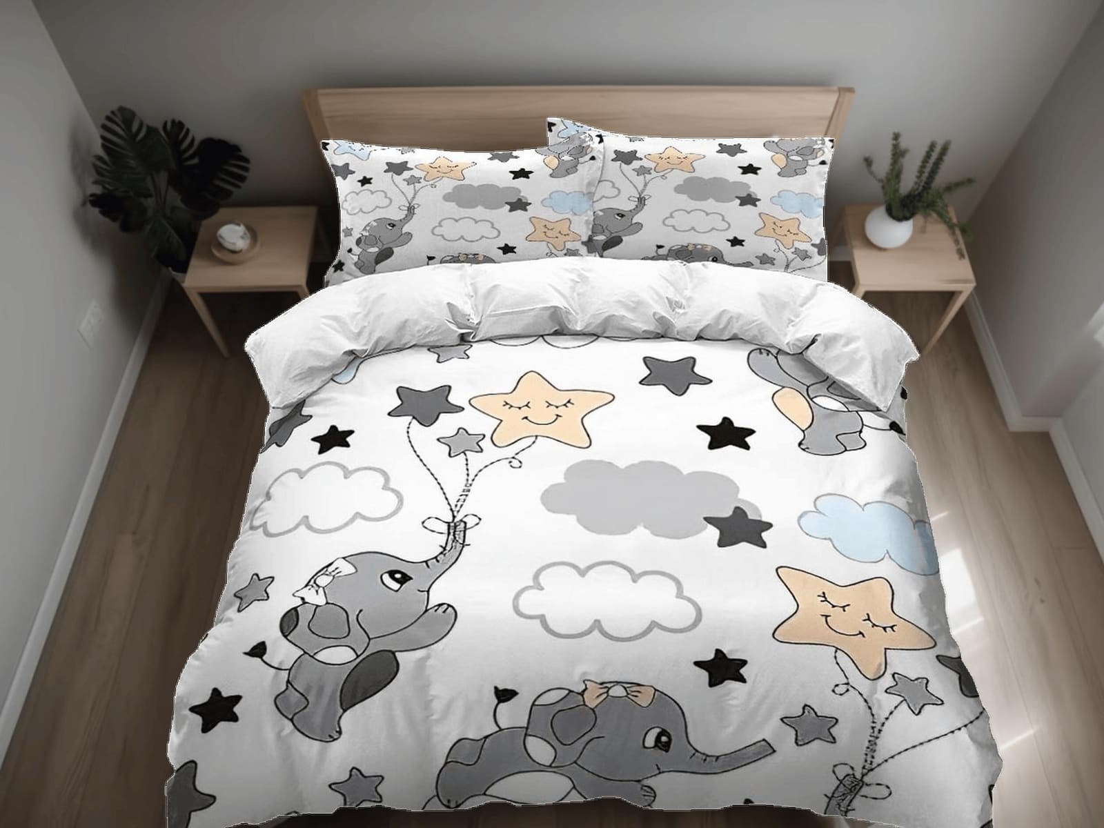 Flying elephant reaching the stars bedding cute duvet cover set, kids bedding full, nursery bed decor, elephant baby showe…
