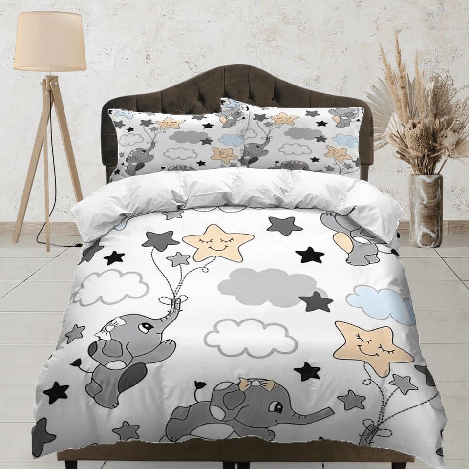 Flying elephant reaching the stars bedding cute duvet cover set, kids bedding full, nursery bed decor, elephant baby showe…