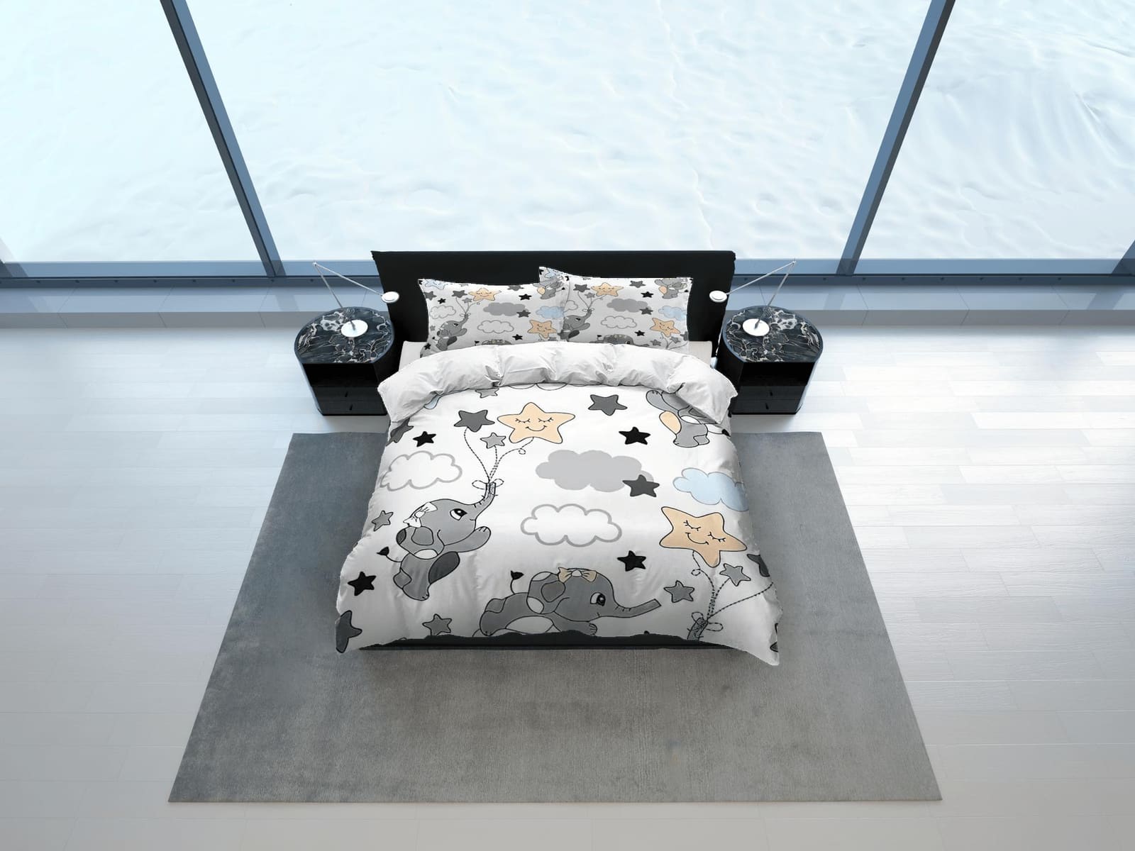 Flying elephant reaching the stars bedding cute duvet cover set, kids bedding full, nursery bed decor, elephant baby showe…