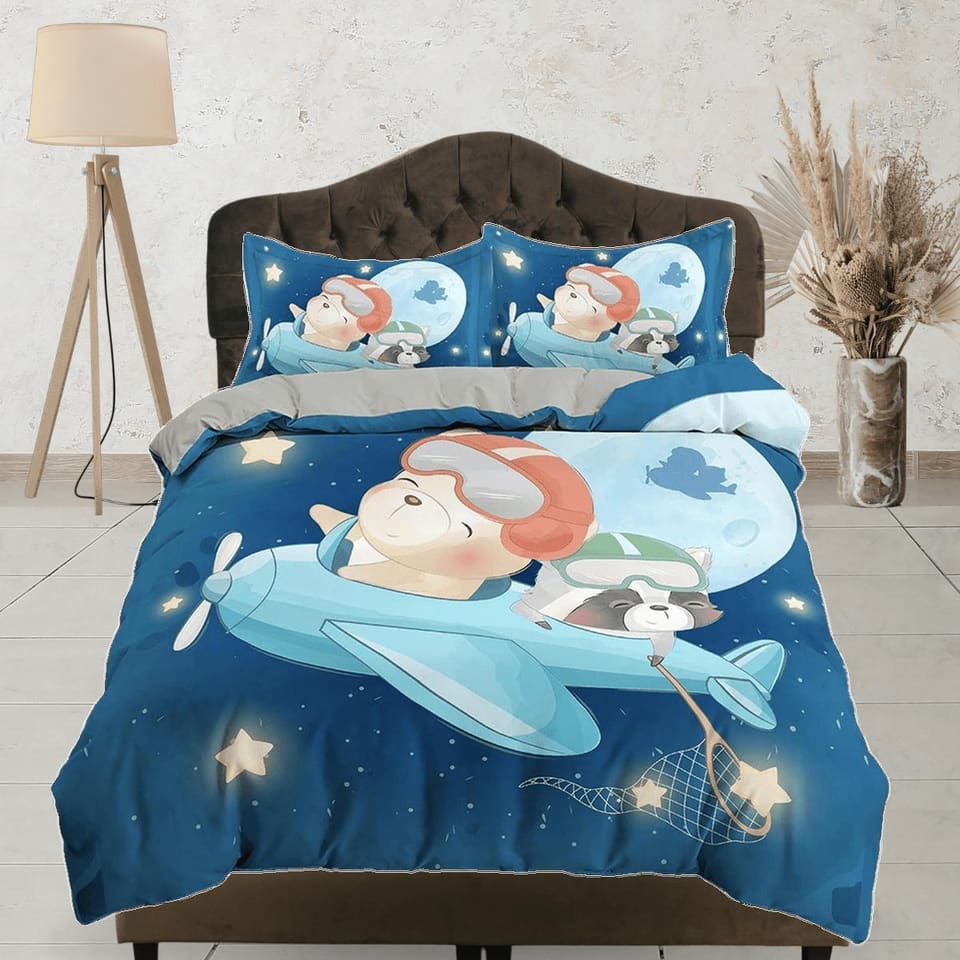 Flying Teddy Bear and Dog in Airplane Bedding, Duvet Cover Set, Zipper Bedding, Dorm Bedding, Teens Adult Duvet King Queen…