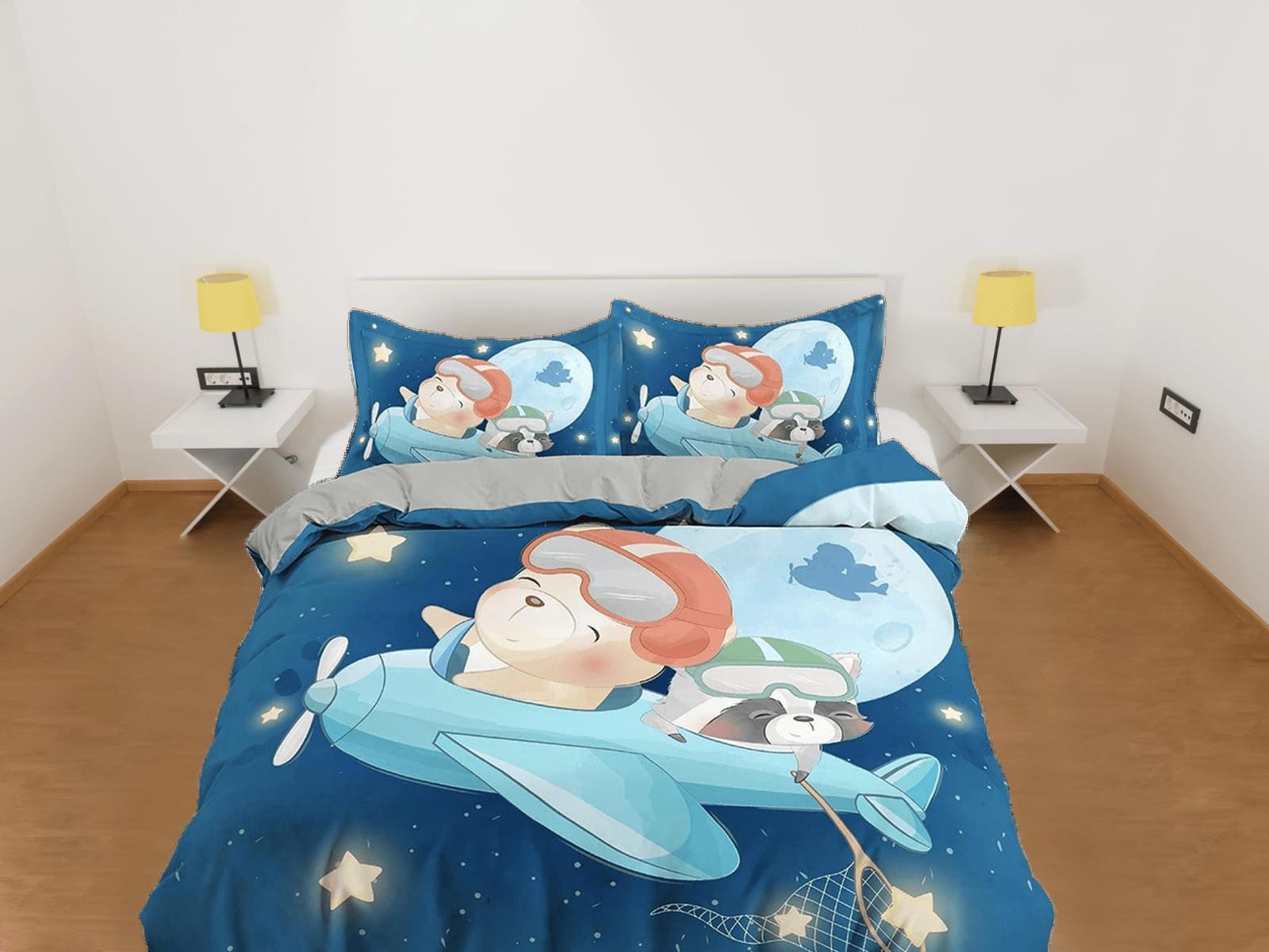 Flying Teddy Bear and Dog in Airplane Bedding, Duvet Cover Set, Zipper Bedding, Dorm Bedding, Teens Adult Duvet King Queen…
