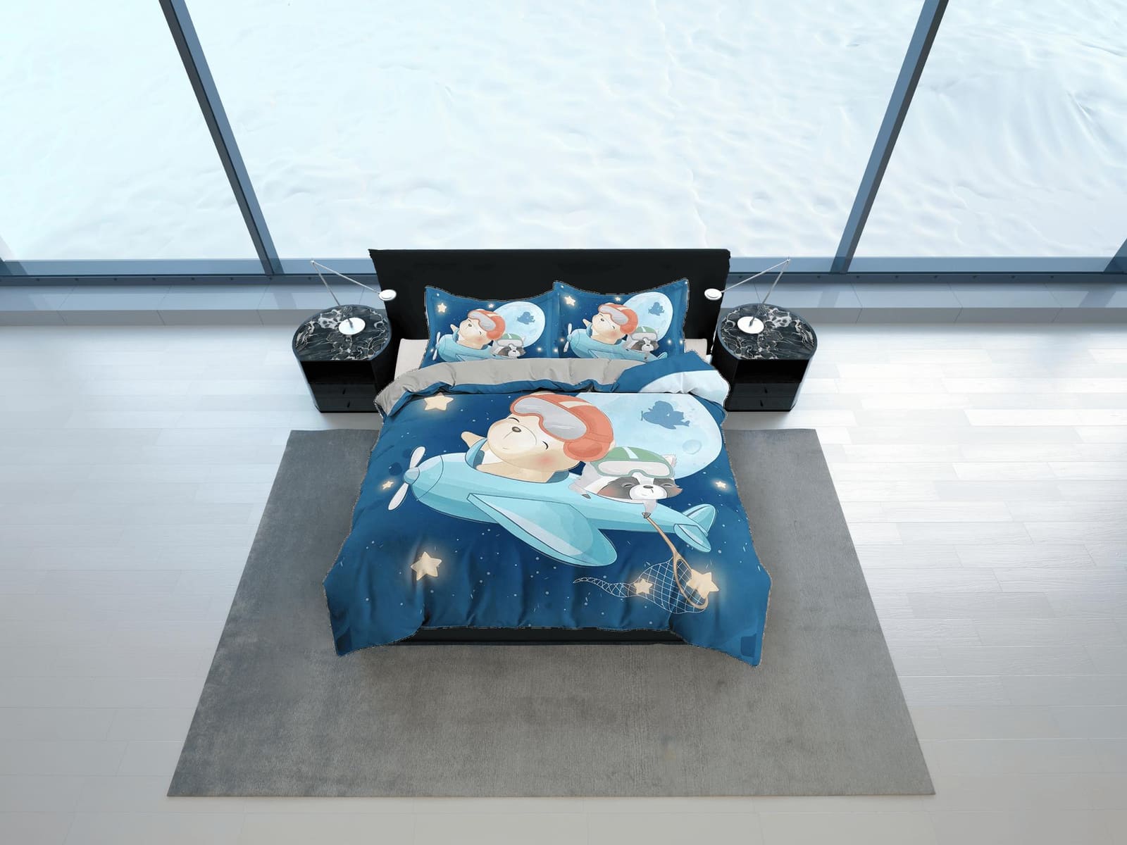Flying Teddy Bear and Dog in Airplane Bedding, Duvet Cover Set, Zipper Bedding, Dorm Bedding, Teens Adult Duvet King Queen…