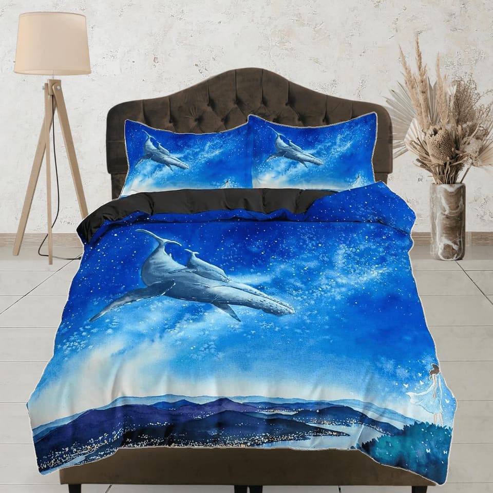 Flying whale bedding sky blue duvet cover, galaxy bedding set full king queen twin, college dorm bedding, celestial beddin…