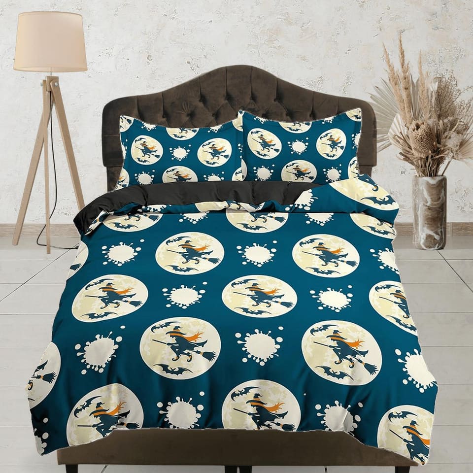Flying witch full moon halloween full size bedding & pillowcase, blue duvet cover set dorm bedding, nursery toddler beddin…