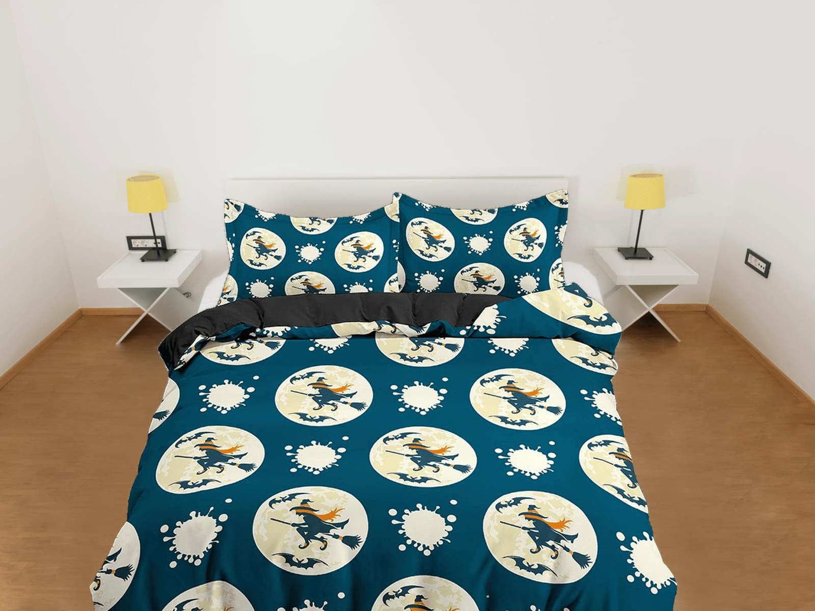 Flying witch full moon halloween full size bedding & pillowcase, blue duvet cover set dorm bedding, nursery toddler beddin…
