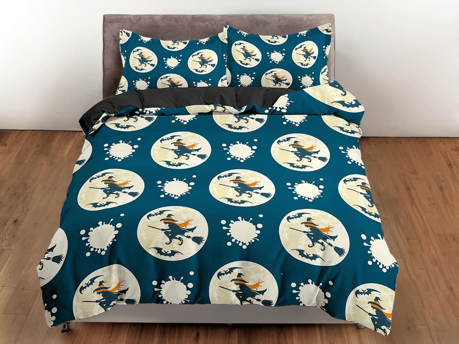 Flying witch full moon halloween full size bedding & pillowcase, blue duvet cover set dorm bedding, nursery toddler beddin…
