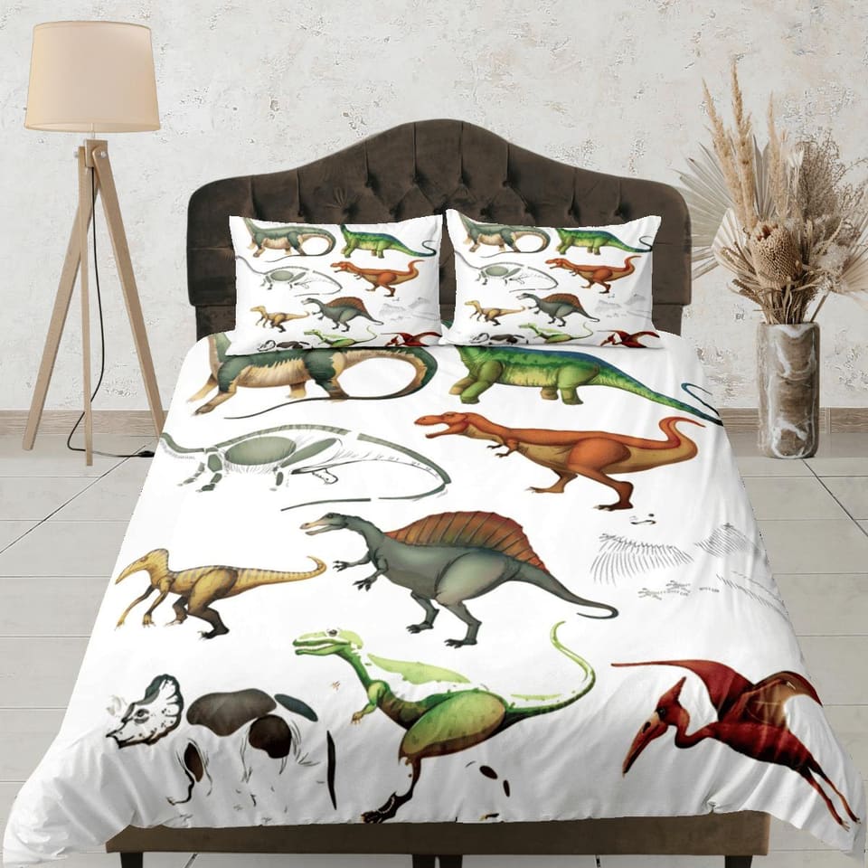 Fossil dinosaur bedding, kids bedding full, cute duvet cover set, dinosaur nursery bed decor, colorful bedding, baby dinos…