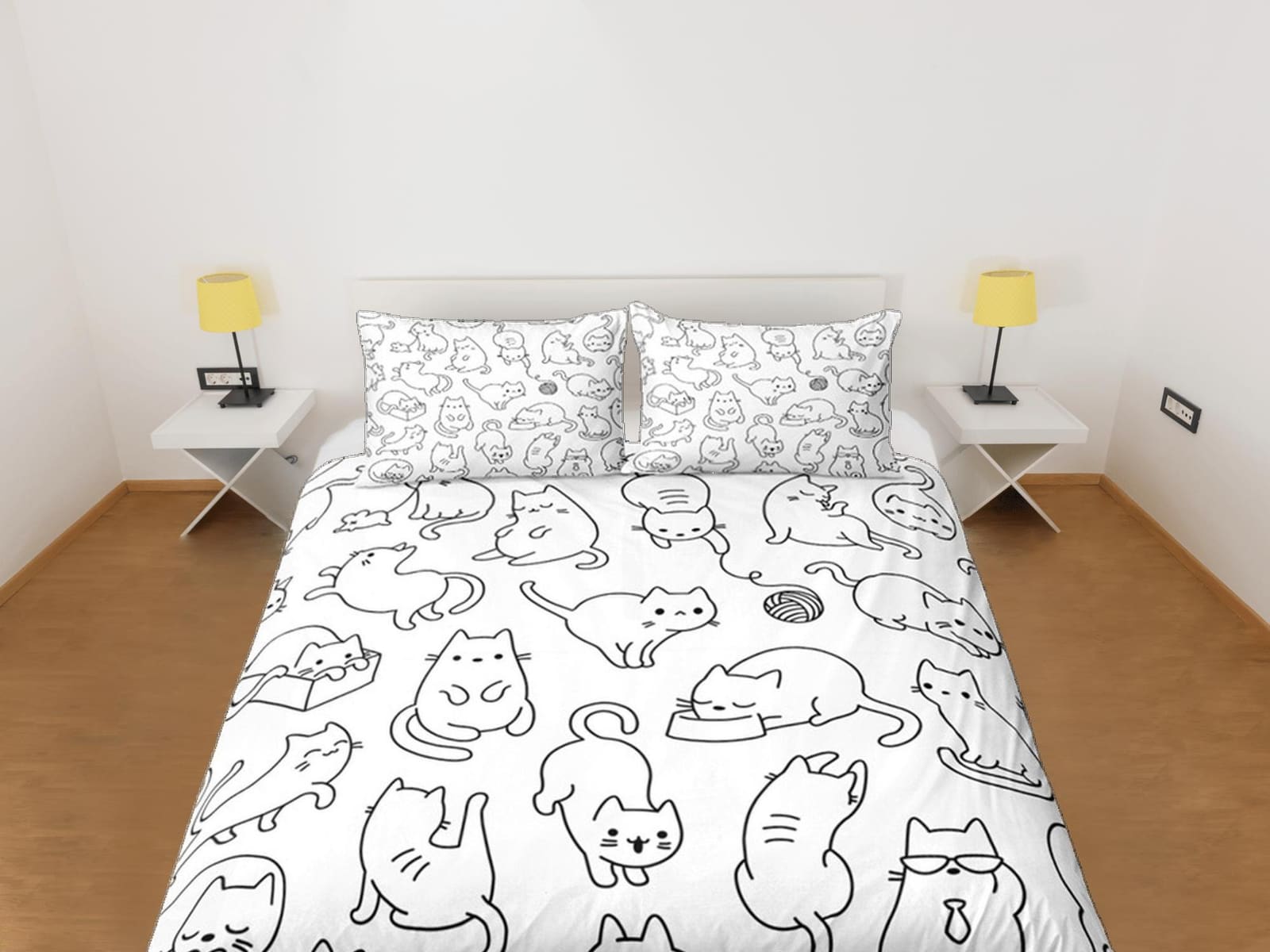 Funny Cats Duvet Cover Set Cute Bedspread, Animal Doodle Dorm Bedding & Pillowcase