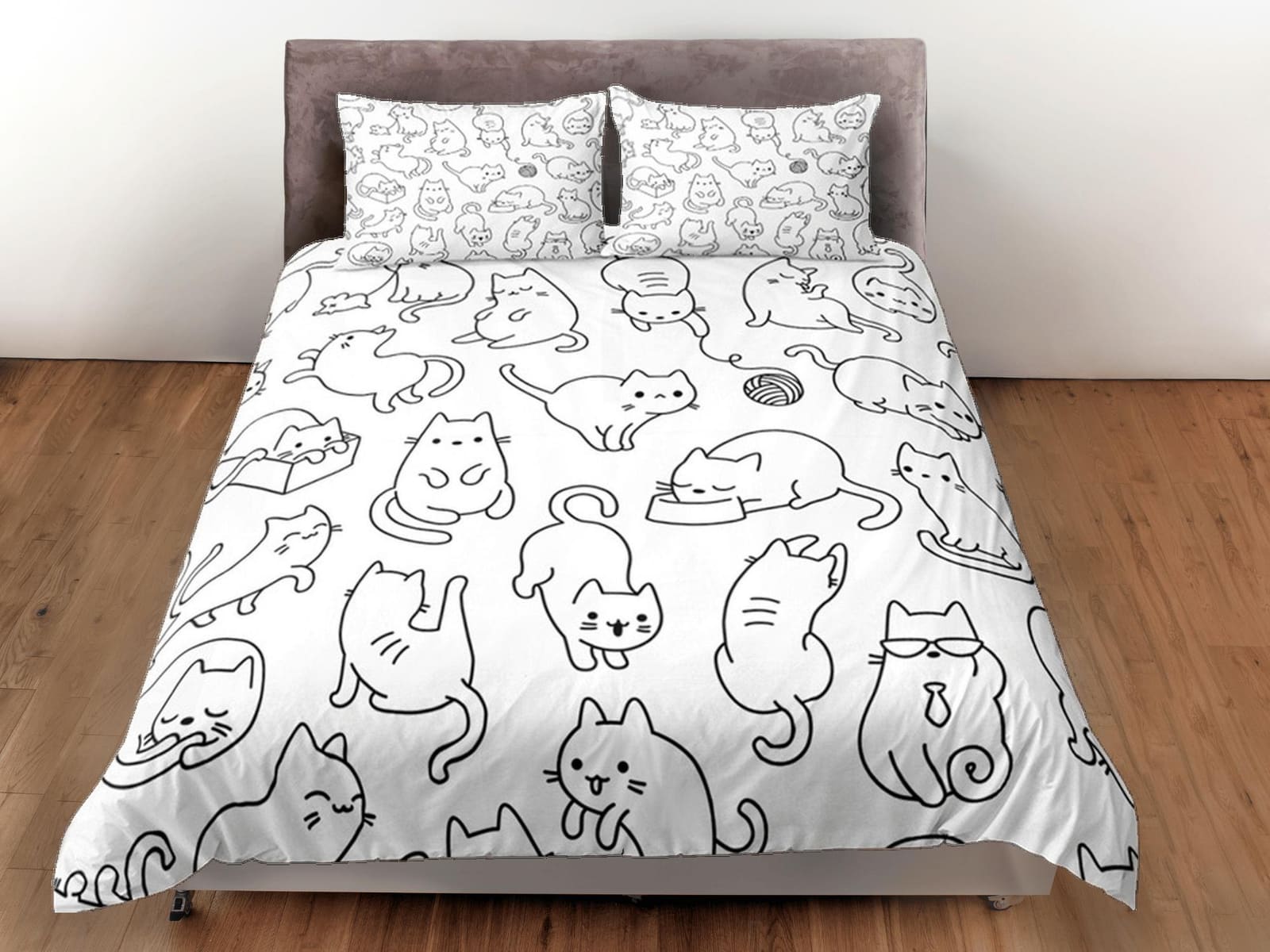 Funny Cats Duvet Cover Set Cute Bedspread, Animal Doodle Dorm Bedding & Pillowcase