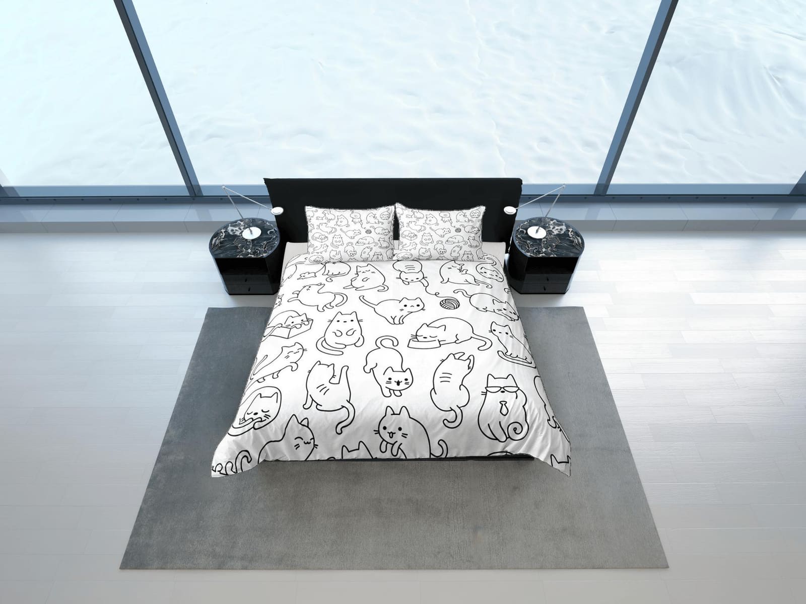 Funny Cats Duvet Cover Set Cute Bedspread, Animal Doodle Dorm Bedding & Pillowcase