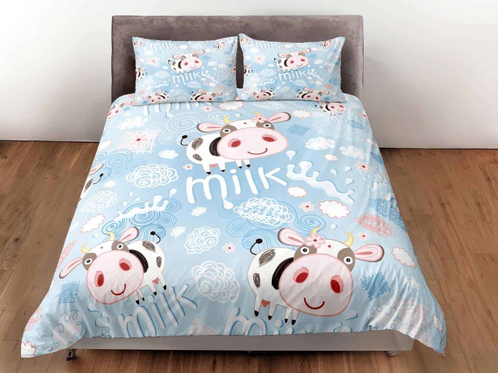 Funny Cow Blue Duvet Cover Set Colorful Bedspread, Kids Full Bedding Set with Pillowcase, Comforter Cover Twin