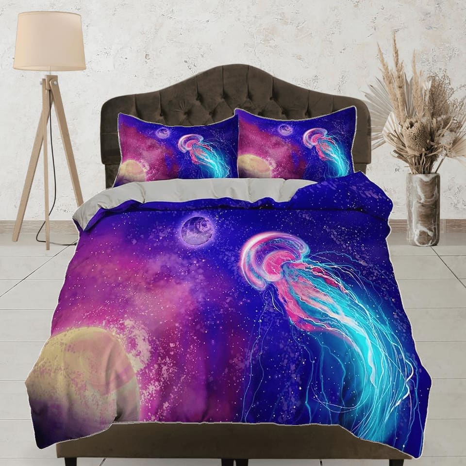 Galaxy jellyfish bedding colorful duvet cover, ocean blush sea animal bedding set full king queen twin crib toddler, dorm…