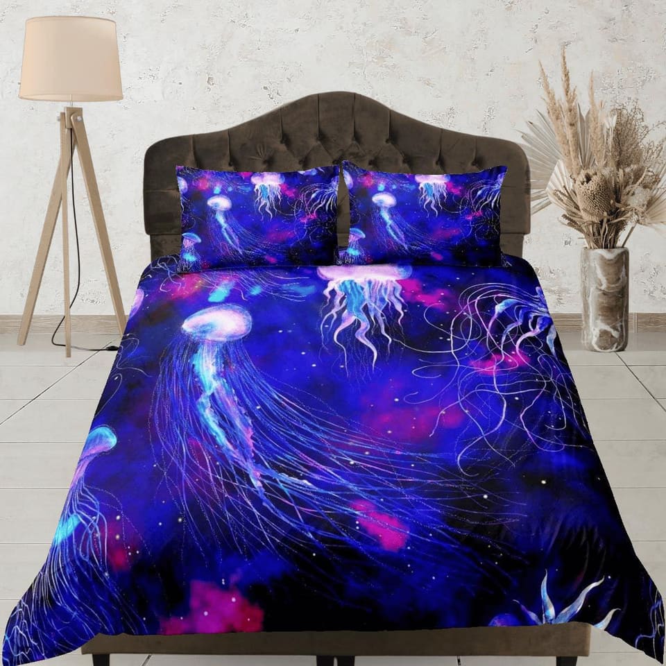 Galaxy jellyfish bedding purple duvet cover, ocean blush sea animal bedding set full king queen twin crib toddler, college…