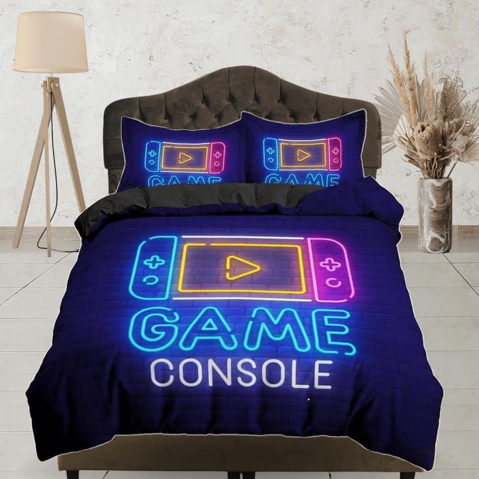 Game console neon lights bedding blue duvet cover, video gamer boyfriend gift bedding set full king queen twin, boys bedro…