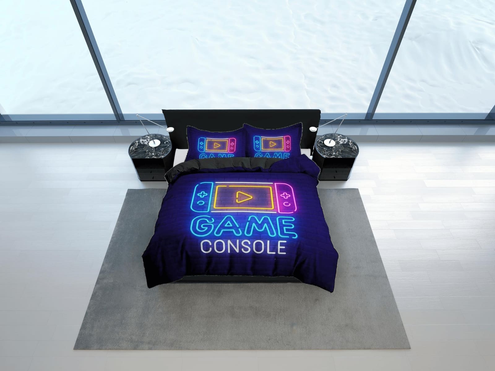 Game console neon lights bedding blue duvet cover, video gamer boyfriend gift bedding set full king queen twin, boys bedro…