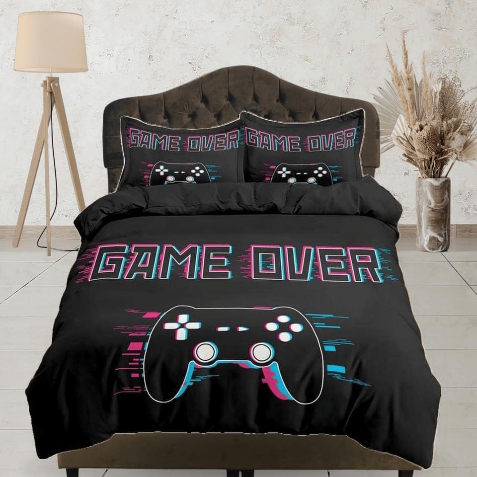 Game over gamer bedding black duvet cover, video gamer boyfriend gift bedding set full king queen twin, boys bedroom, coll…