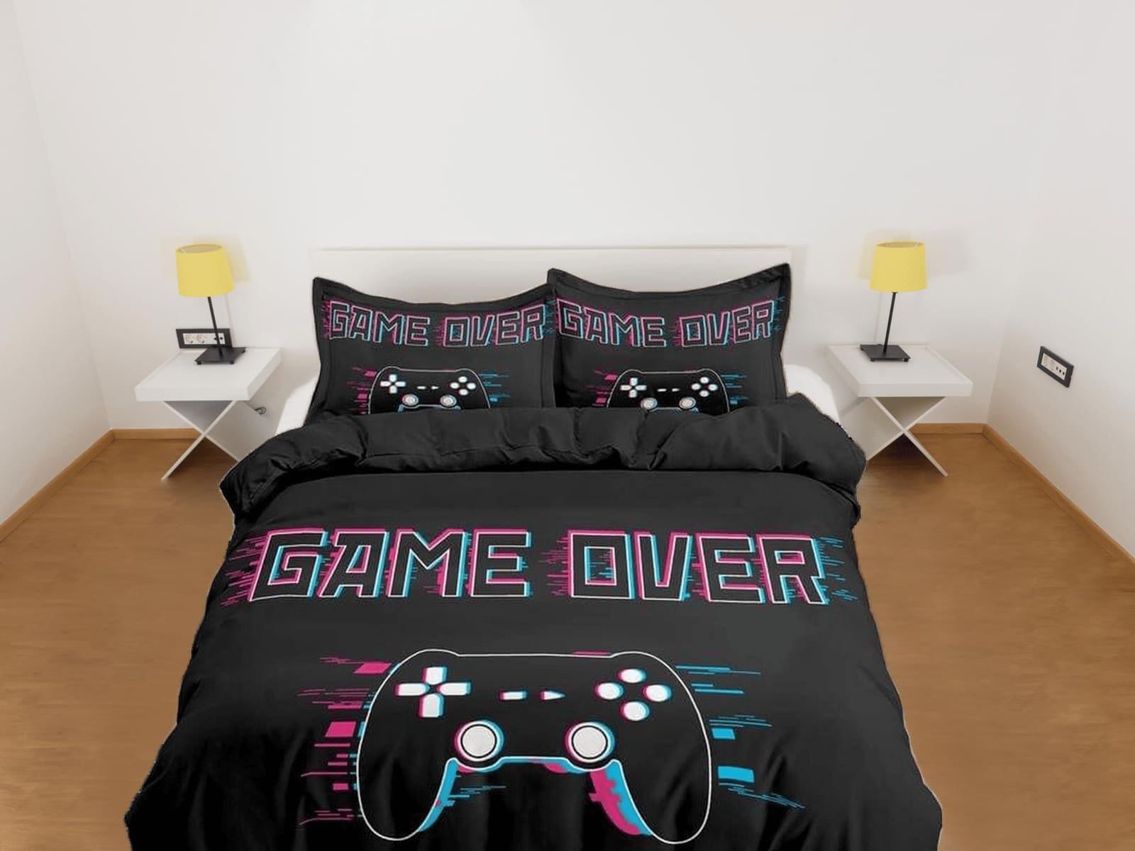 Game over gamer bedding black duvet cover, video gamer boyfriend gift bedding set full king queen twin, boys bedroom, coll…