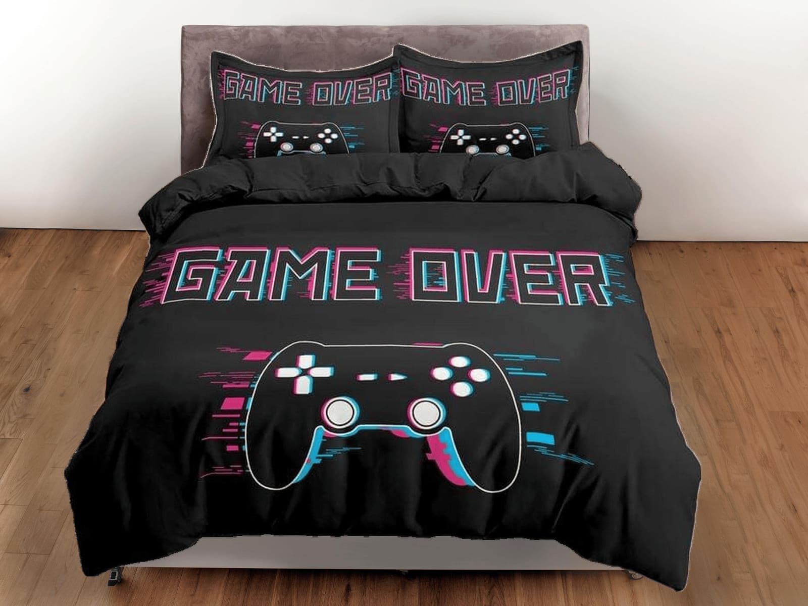 Game over gamer bedding black duvet cover, video gamer boyfriend gift bedding set full king queen twin, boys bedroom, coll…