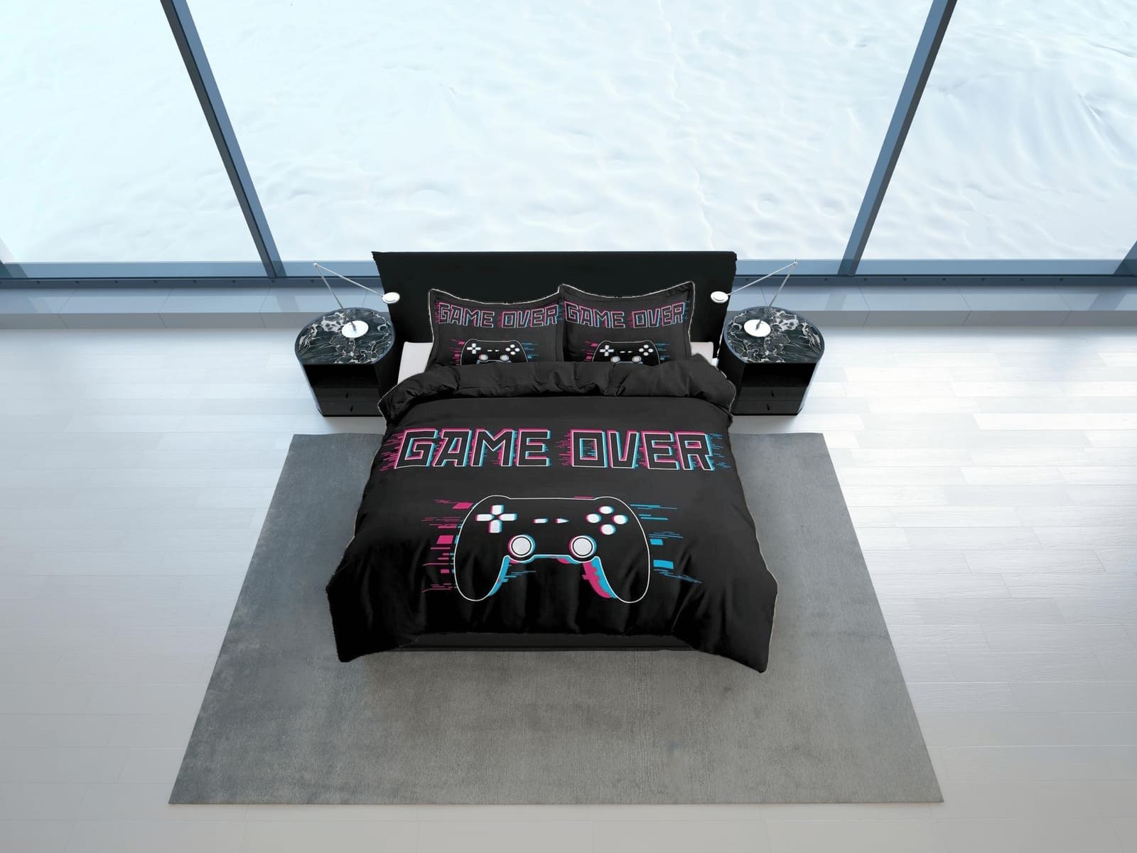 Game over gamer bedding black duvet cover, video gamer boyfriend gift bedding set full king queen twin, boys bedroom, coll…