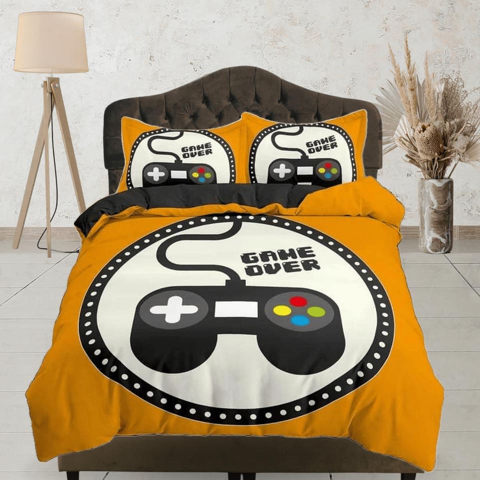 Game over gamer bedding yellow orange duvet cover, video gamer boyfriend gift bedding set full king queen twin, boys bedro…