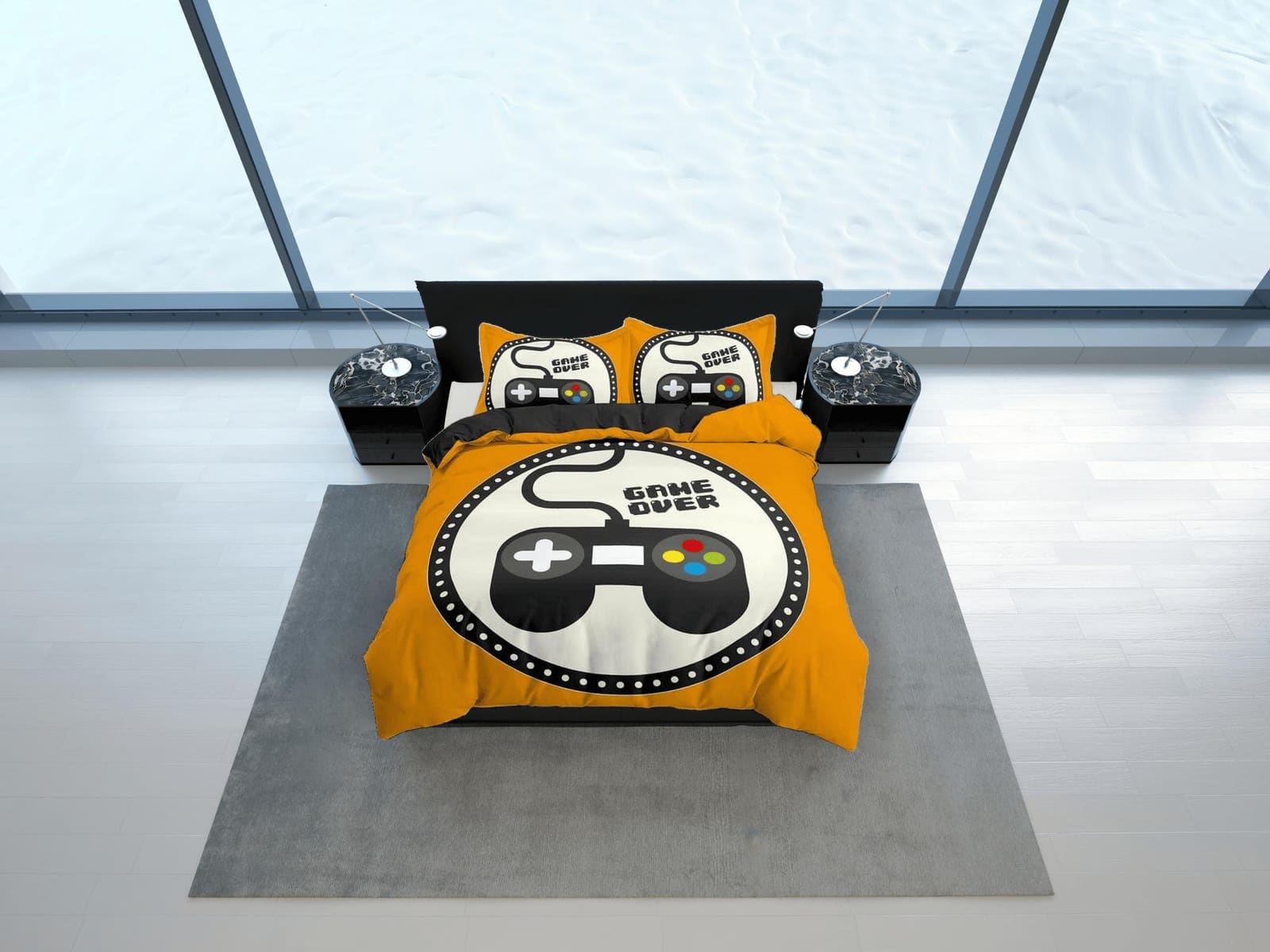 Game over gamer bedding yellow orange duvet cover, video gamer boyfriend gift bedding set full king queen twin, boys bedro…