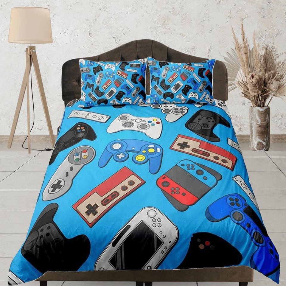 Gamer bedding blue duvet cover, video gamer boyfriend gift bedding set full king queen twin, boys bedroom, college dorm be…
