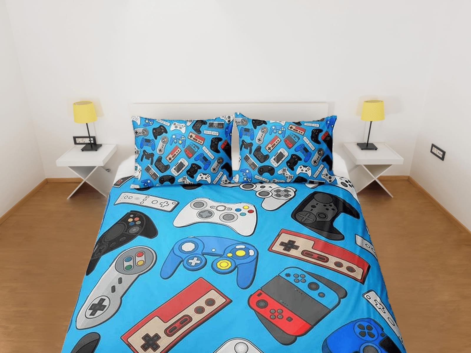 Gamer bedding blue duvet cover, video gamer boyfriend gift bedding set full king queen twin, boys bedroom, college dorm be…