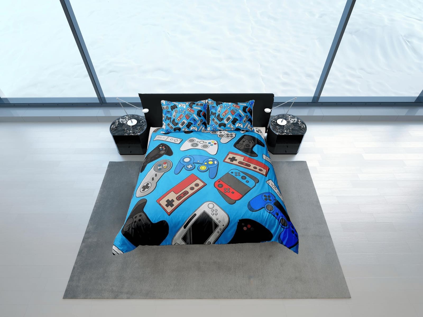 Gamer bedding blue duvet cover, video gamer boyfriend gift bedding set full king queen twin, boys bedroom, college dorm be…