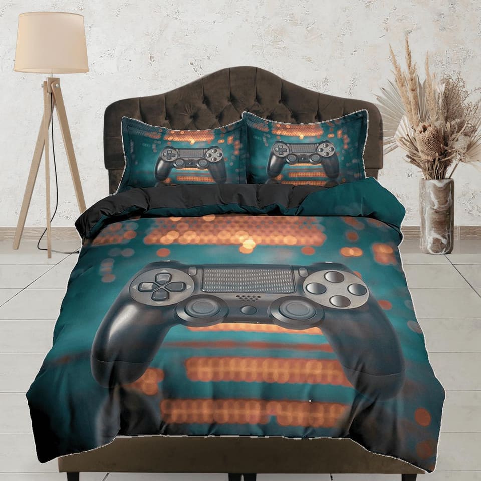 Gamer bedding bokeh effect unique duvet cover, video gamer boyfriend gift bedding set full king queen twin, boys bedroom d…