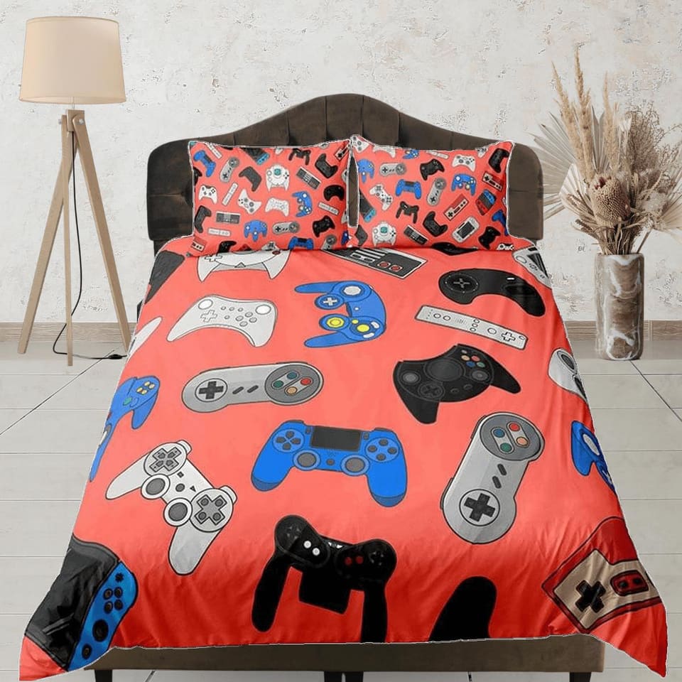 Gamer bedding coral pink duvet cover, video gamer boyfriend gift bedding set full king queen twin, boys bedroom, college d…