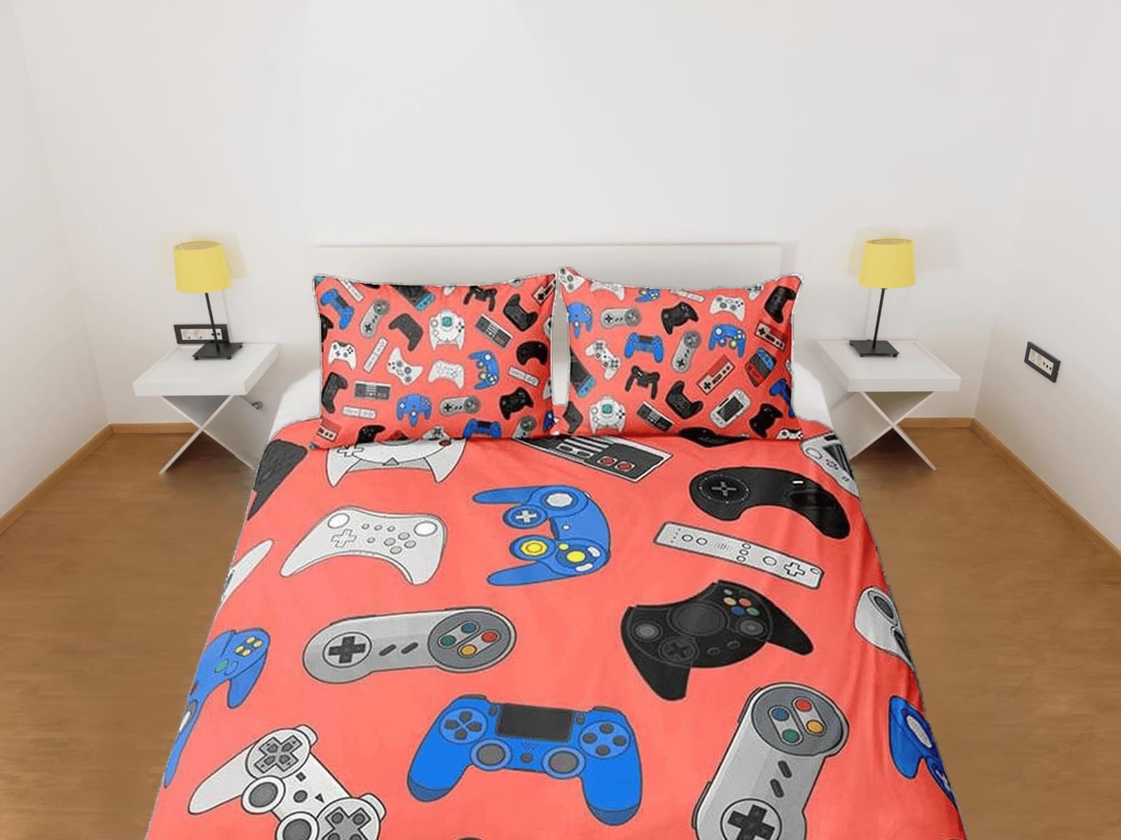 Gamer bedding coral pink duvet cover, video gamer boyfriend gift bedding set full king queen twin, boys bedroom, college d…