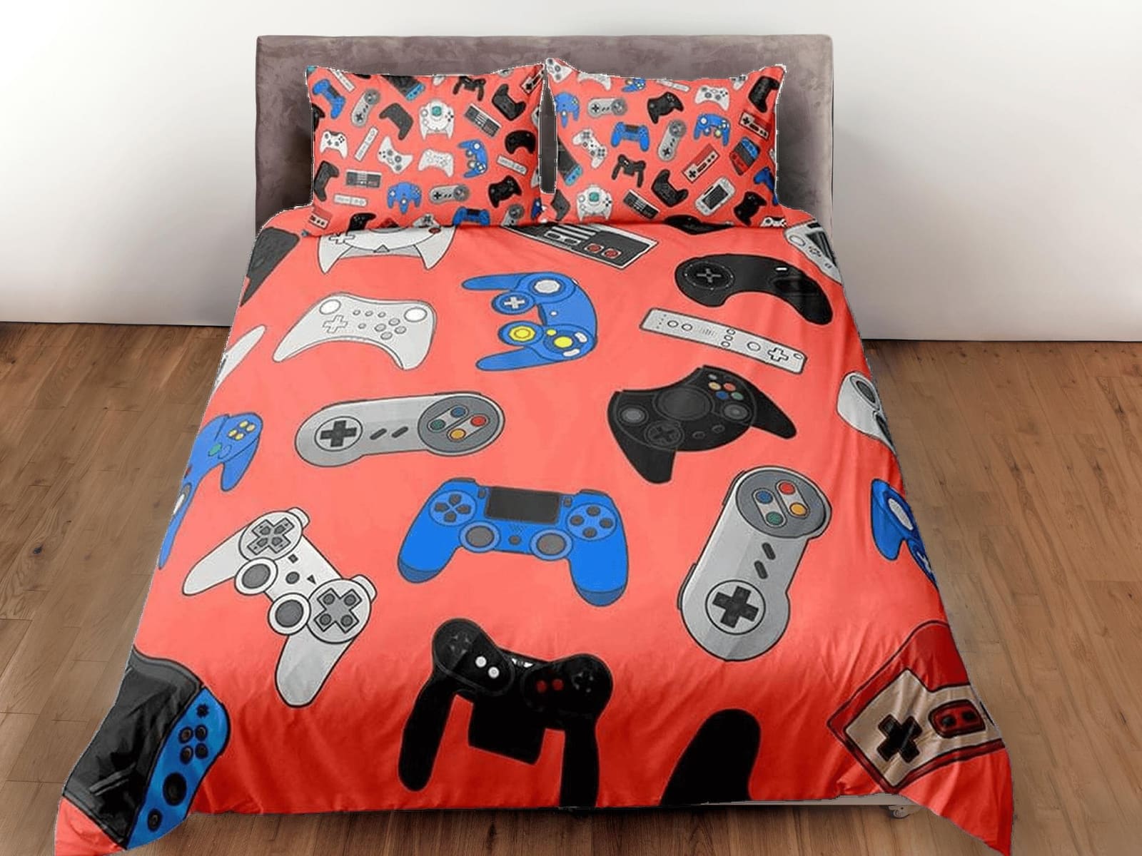 Gamer bedding coral pink duvet cover, video gamer boyfriend gift bedding set full king queen twin, boys bedroom, college d…