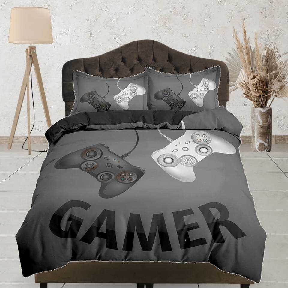 Gamer bedding dark grey duvet cover, video gamer boyfriend gift bedding set full king queen twin, boys bedroom, college do…