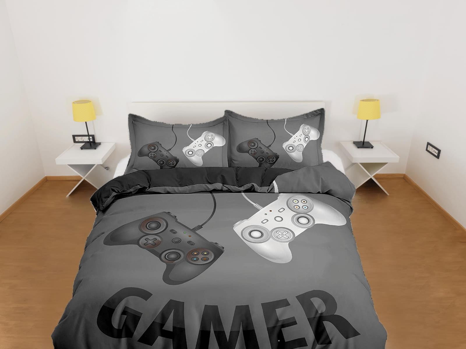Gamer bedding dark grey duvet cover, video gamer boyfriend gift bedding set full king queen twin, boys bedroom, college do…