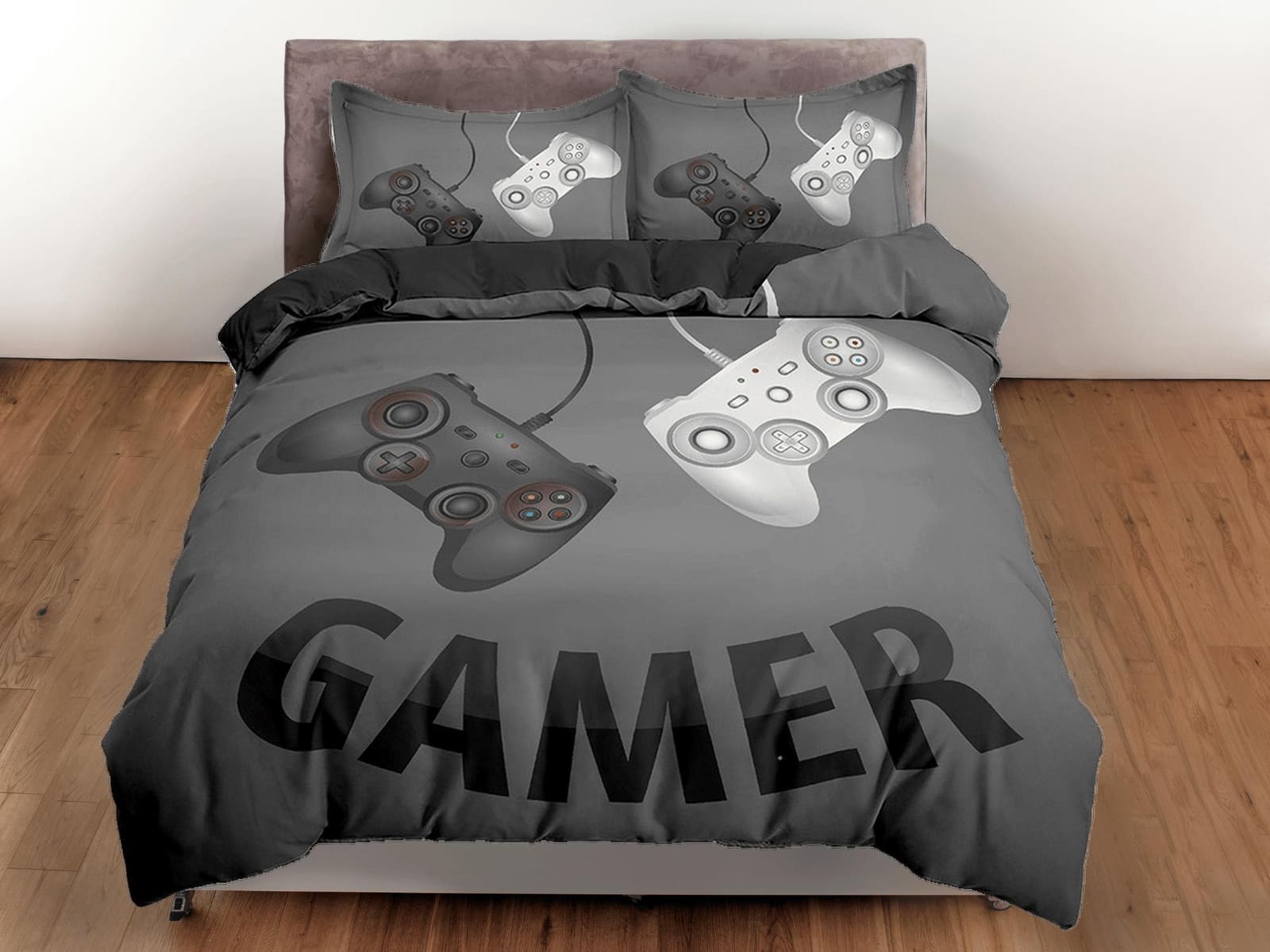 Gamer bedding dark grey duvet cover, video gamer boyfriend gift bedding set full king queen twin, boys bedroom, college do…