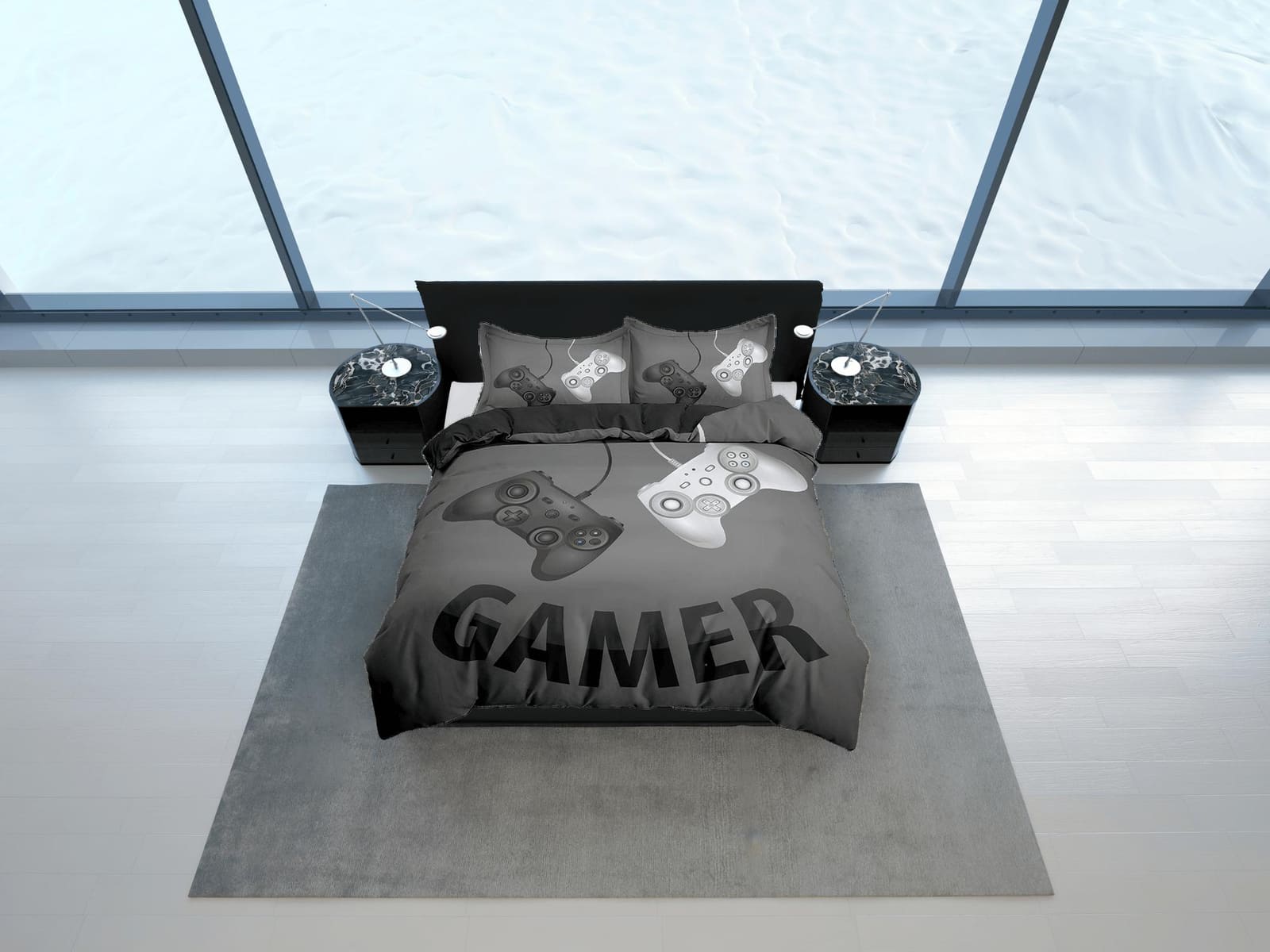 Gamer bedding dark grey duvet cover, video gamer boyfriend gift bedding set full king queen twin, boys bedroom, college do…