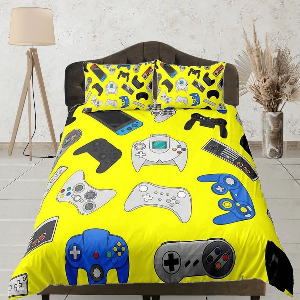 Gamer bedding yellow duvet cover, video gamer boyfriend gift bedding set full king queen twin, boys bedroom, college dorm…