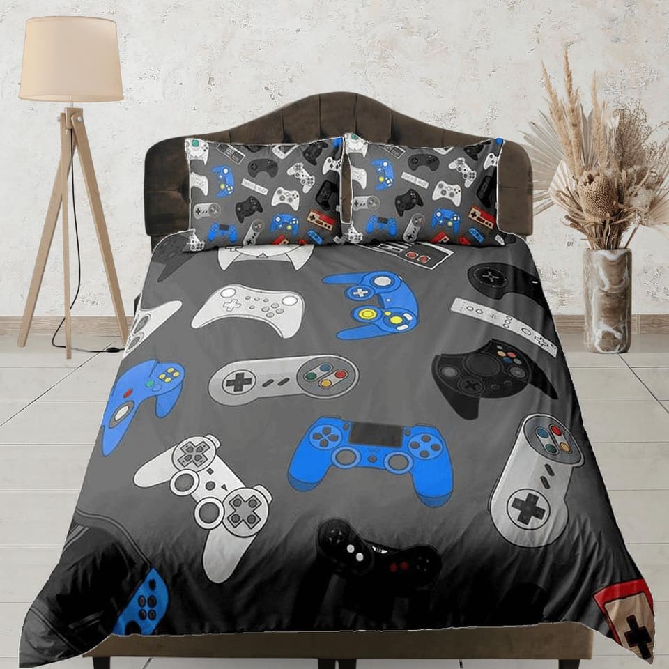 Gamer controllers bedding grey duvet cover, video gamer boyfriend gift bedding set full king queen twin, boys bedroom, col…