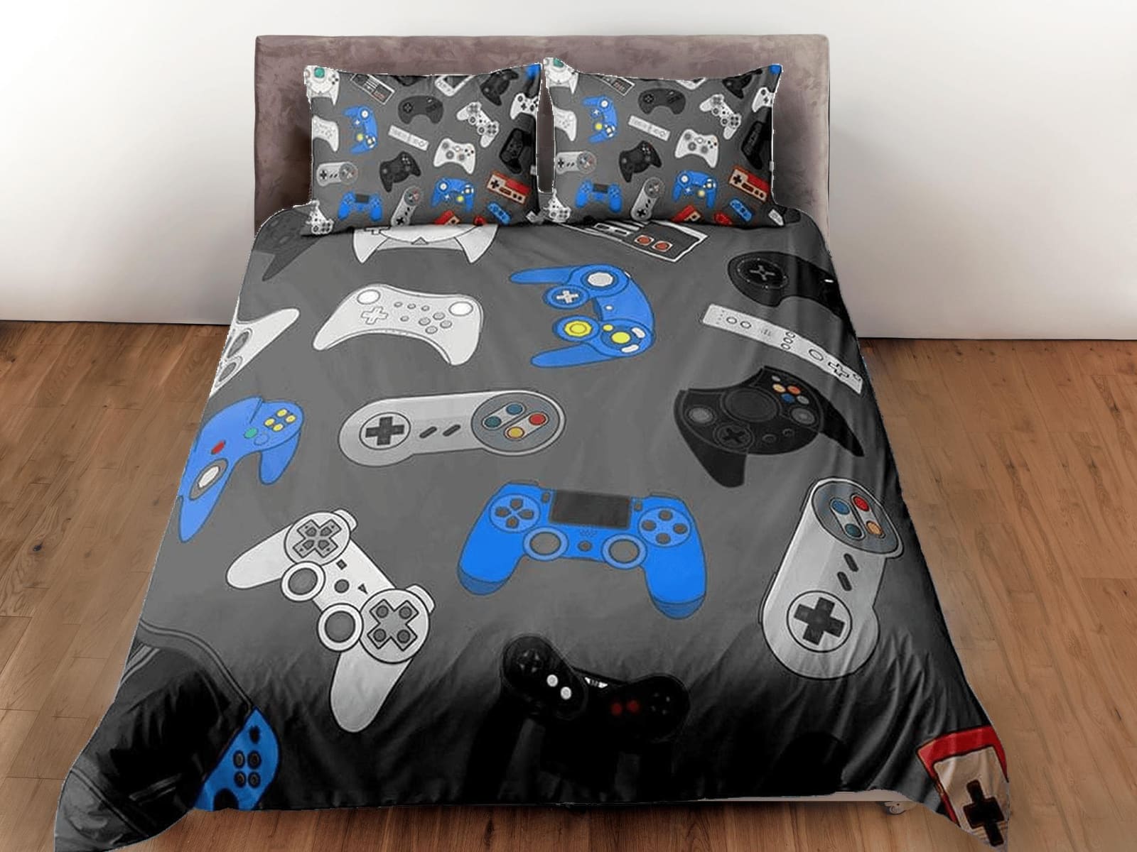 Gamer controllers bedding grey duvet cover, video gamer boyfriend gift bedding set full king queen twin, boys bedroom, col…