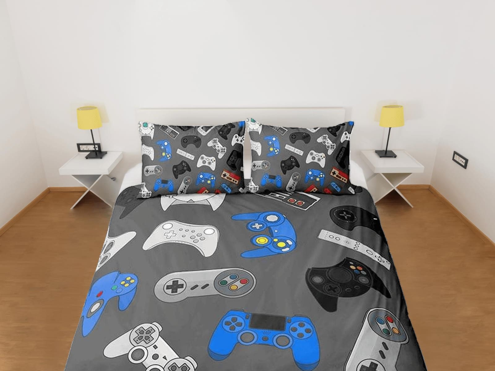 Gamer controllers bedding grey duvet cover, video gamer boyfriend gift bedding set full king queen twin, boys bedroom, col…