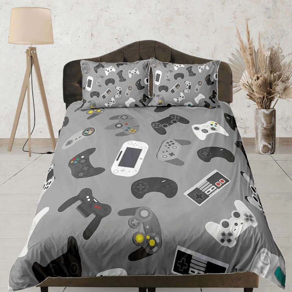 Gamer gadgets bedding grey duvet cover, video gamer boyfriend gift bedding set full king queen twin, boys bedroom, college…