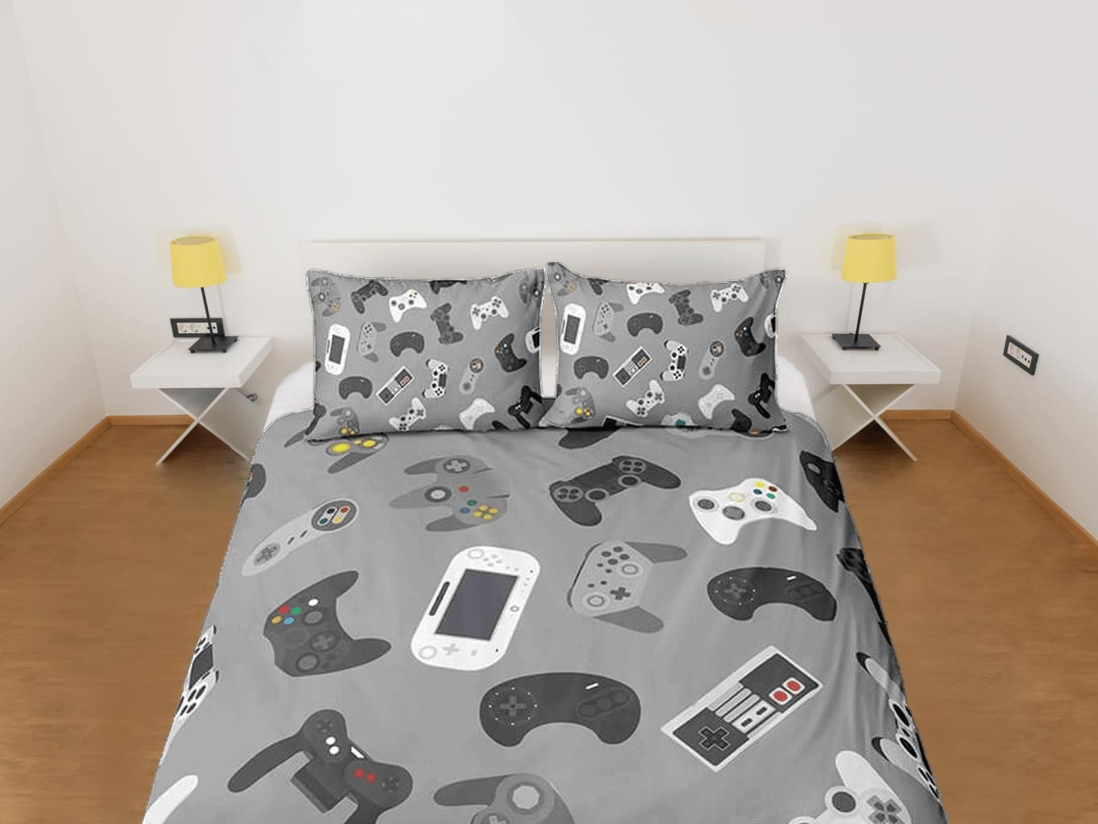 Gamer gadgets bedding grey duvet cover, video gamer boyfriend gift bedding set full king queen twin, boys bedroom, college…