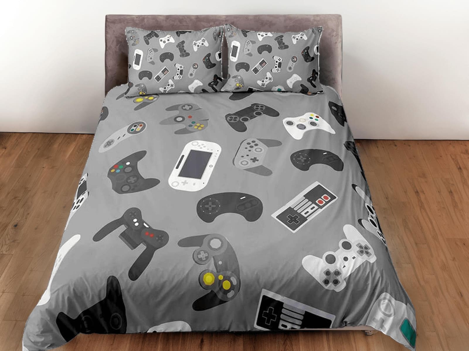 Gamer gadgets bedding grey duvet cover, video gamer boyfriend gift bedding set full king queen twin, boys bedroom, college…