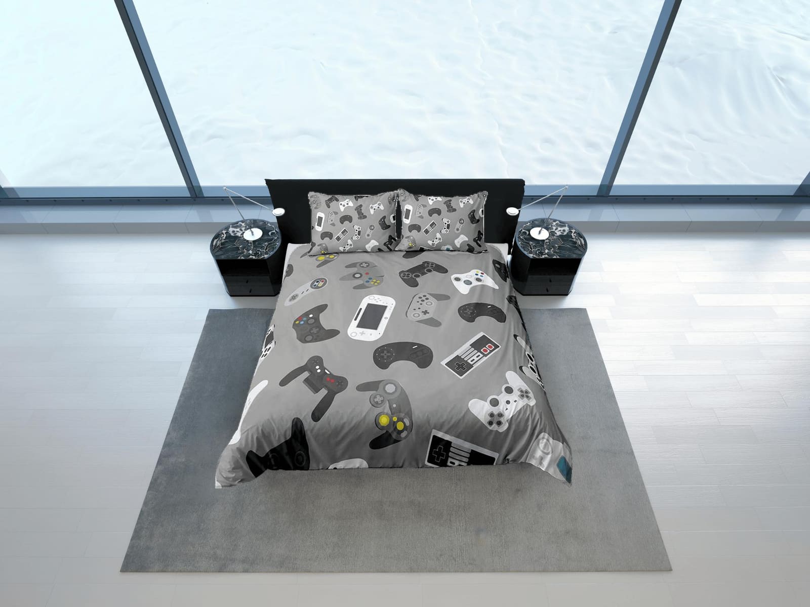 Gamer gadgets bedding grey duvet cover, video gamer boyfriend gift bedding set full king queen twin, boys bedroom, college…