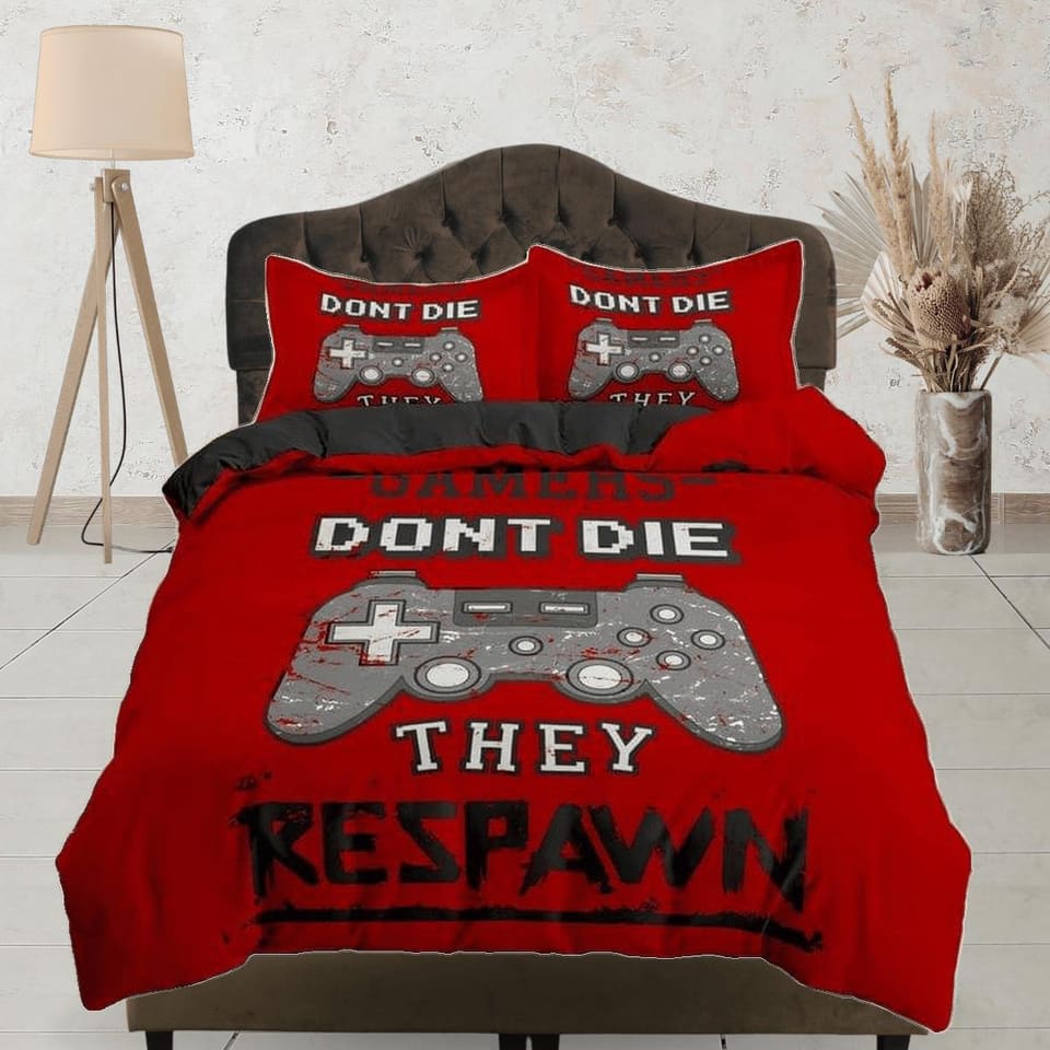 Gamers dont die bedding red duvet cover, video gamer boyfriend gift bedding set full king queen twin, boys bedroom, colleg…